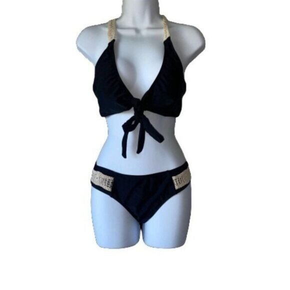 Black Crochet Racerback‎ Tie Knot Front Bikini Set Women Swimsuit Small - Picture 1 of 4